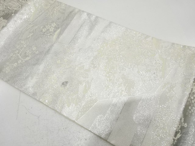 JAPANESE FUKURO OBI / UNUSED / PLATINUM​ FOIL / WOVEN FLORAL PLANTS